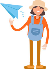 Woman Farmer Character Holding Paper Plane
