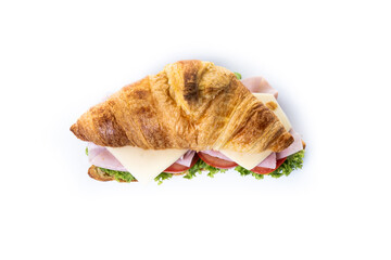 Croissant with ham, cheese and vegetables isolated on white background