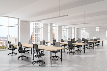 Modern open space office interior with large windows and wooden desks in a bright loft-style coworking environment. 3D Rendering
