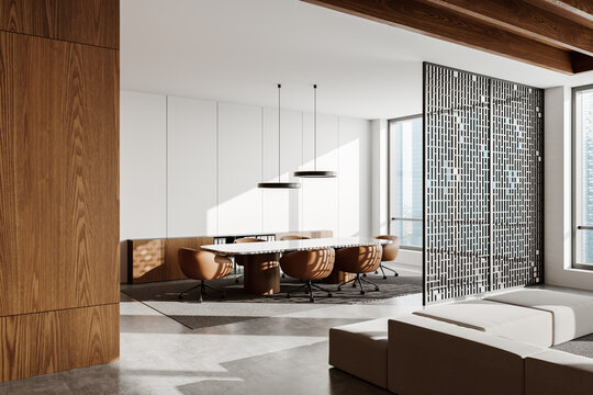 Modern office loft interior with open space design and minimalist furniture concept. 3D Rendering