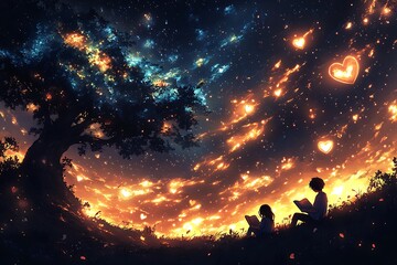 Fototapeta premium A magical night scene depicts a young couple sitting under a tree, reading books amidst a breathtaking starry sky filled with glowing hearts.