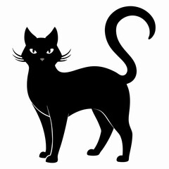 Black cat with arched back and raised tail silhouette vector illustration on white background