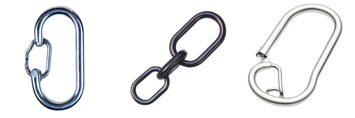 Obraz premium Three metal carabiners on transparent background.