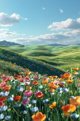Obraz premium Vibrant fields of blooming flowers under a clear blue sky, showcasing nature's beauty in a serene landscape.