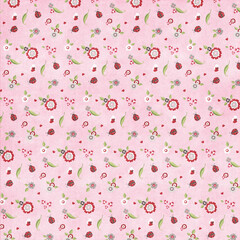 Pink seamless floral pattern with ladybugs, hearts, and leaves, ideal for girly fabric prints, nursery decor, Valentine projects, and cute wrapping paper.