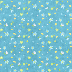 Teal blue seamless floral pattern with hearts and small blossoms, perfect for kids’ textiles, nursery decor, cute greeting cards, and playful backgrounds.