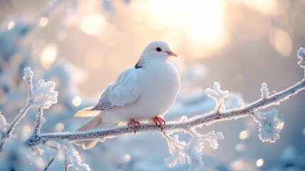 Fototapeta premium White dove on snowy branch, winter sunrise. Peaceful nature scene for cards