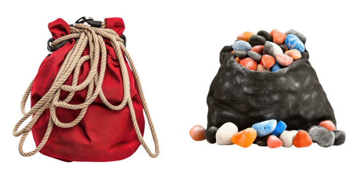 Two bags: one red with rope, one black filled with colorful stones.
