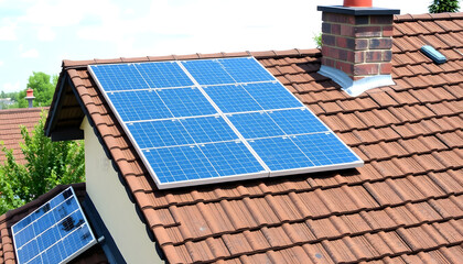 Solar panels on roofs, detailed, with white tones
