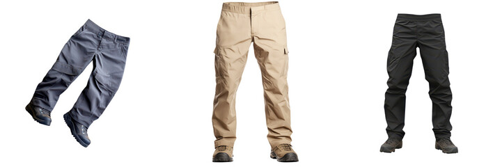 Three pairs of pants in various colors on transparent background.