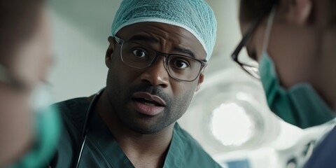 Medical team performing surgical operation in a bright operating room