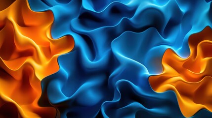 Abstract swirling blue and orange fabric texture, dynamic textile background, vibrant color gradients, smooth waves.