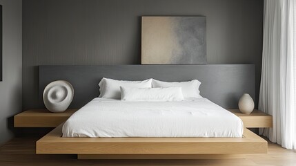 A minimalist bedroom features a floating oak wooden bed