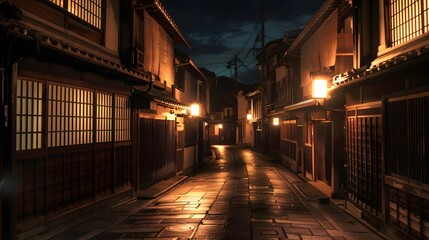 Fototapeta premium A Traditional Kyoto Street Illuminated by Lanterns at Night