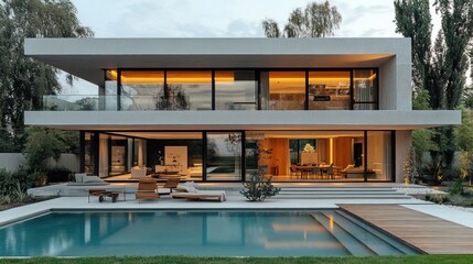 Fototapeta premium Modern Luxury Villa with Infinity Pool at Dusk