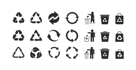 Recycle icons set, trash bin, trash can icons with man. Recycling icon. An arrow that revolves endlessly Reuse concept Recycled. isolate on white background