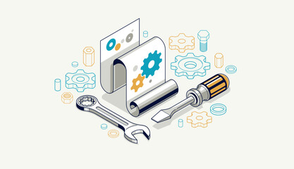 Mechanical engineering project in embodiment implementation concept, engine draft plan drawing and work process, paper sheet with gears and tools 3D isometric vector illustration, repair tutorial.