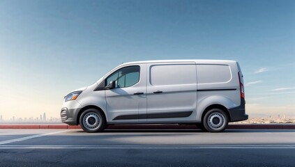 Modern white van mockup for road location on sky background.