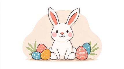 Adorable cartoon style bunny holding a colorful Easter egg, surrounded by delicate floral elements, set against a pastel backdrop, perfect for children’s designs or festive illustrations