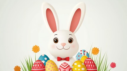 Obraz premium Playful and festive cartoon style rabbit with vibrant Easter eggs and colorful spring flowers on a light beige background, perfect for seasonal children’s illustrations or holiday designs