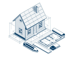 House project implementation embodiment concept, 3D isometric vector illustration of a small house building project, construction architectural model, idea in progress.