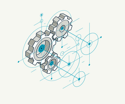 Invention renovation and development concept, gears and cogs with cad engineering drawing isometric 3D vector illustration, technology theme, machinery and engine creation.