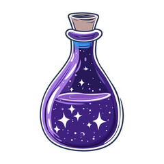 Sticker, a 2D sparkling magic potion bottle, bold white outline on a dark purple solid background