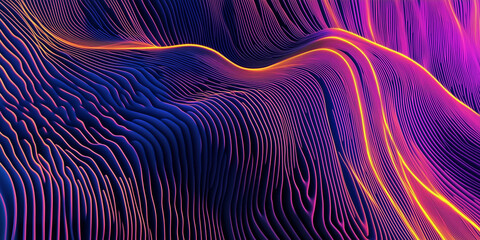 3D Abstract background,neon flowing lines,tech wavy pattern,purple,blue,orange hues. Represents data streams,energy waves,future abstract art.