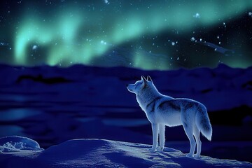 A snowy landscape illuminated by the aurora borealis, silhouetting a lone arctic wolf.