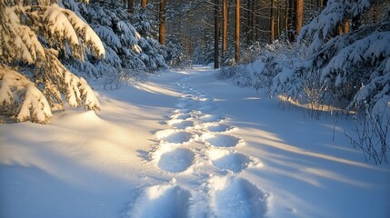 Winter sunlit path through snowy forest