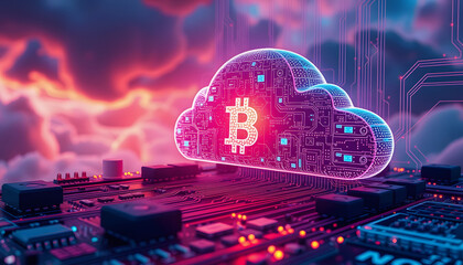 Fototapeta premium Bitcoin Cloud Symbol on Circuit Board, Digital Currency