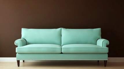 Obraz premium A pastel mint green sofa set against a rich brown wall, in a minimalist home interior, with clean lines and soft lighting enhancing the tranquil atmosphere