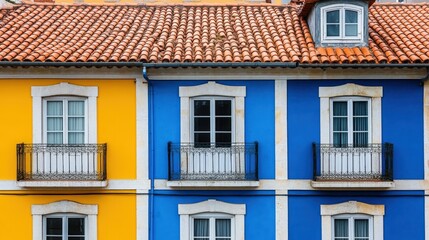 Fototapeta premium Vibrant yellow and blue building facade with traditional architecture, featuring ornate balconies and terracotta roof tiles. Ideal for travel, architecture, and design projects.