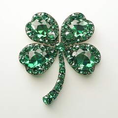 Emerald Gemstone Four-Leaf Clover Brooch on Light Background