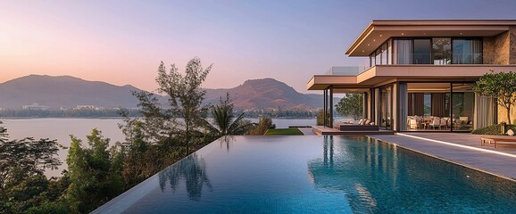 Fototapeta premium Modern villa with infinity pool overlooking lake and mountains at sunset.