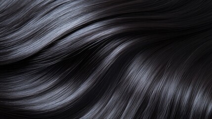 Shiny black hair texture close-up on gray background showcasing beauty and hair care for cosmetics advertising and styling inspiration
