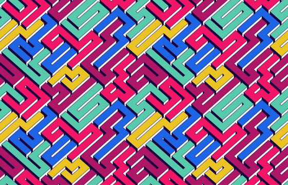 Labyrinth seamless background, 3D geometric endless pattern of logic maze, isometric vector dimensional cubical background.