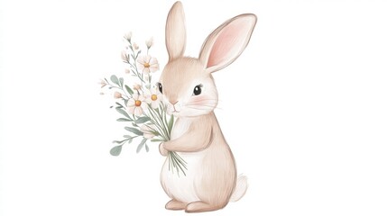 Obraz premium Cute rabbit holding a bouquet of flowers in a charming illustration with delicate colors and soft details. Generative AI