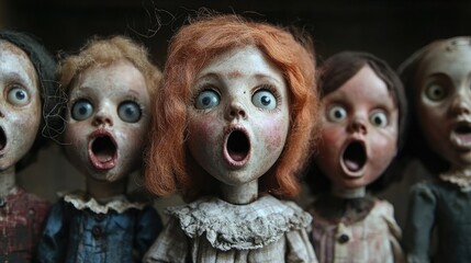 vintage dolls with expressive open mouths showcasing haunting features and intricate details in a curious arrangement