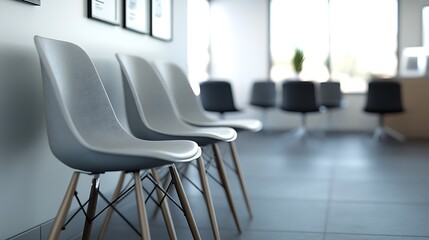 Three chairs are arranged in a row in a room