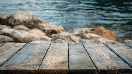 Fototapeta premium Wooden table in foreground with blurred beach and sea view creating a serene coastal atmosphere for relaxation and summer themes.