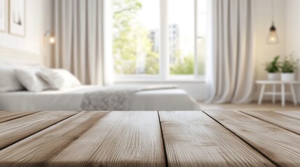 Fototapeta premium Wooden Table in Focus with Softly Blurred Contemporary Bedroom and Windows Natural Light Streaming In