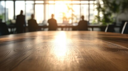 Fototapeta premium Conference table in foreground with blurred silhouettes of attendees against a backdrop of sunlight-filled modern office space