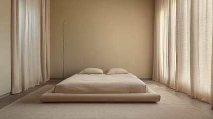 A minimalist neutral bedroom with smooth beige walls