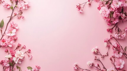 Naklejka premium Floral arrangement border on soft pink backdrop creating an elegant and serene empty space for text or design elements.