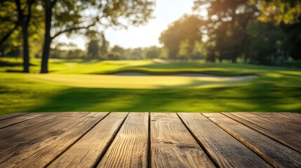 Wooden table mockup with blurred golf course background ideal for product display and text placement in outdoor settings