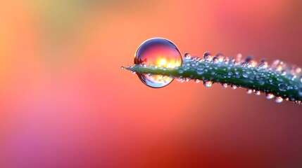 Dewdrop on Blade of Grass Reflecting Sunset