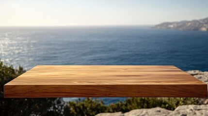 Fototapeta premium Wooden Table with Ocean View Background Ideal for Product Display Mockup and Advertising Use