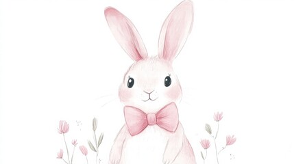 Obraz premium Cute illustrated bunny with pink bow and flowers in a whimsical style. Generative AI