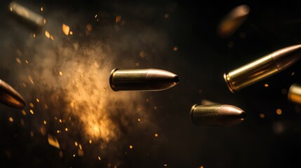 Dynamic bullets in motion surrounded by explosive particles creating a dramatic background with ample blank space for creative text insertion